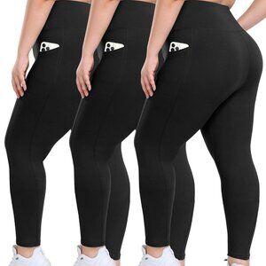 3 Pack Plus Size Tummy Control Leggings - Black Spandex Yoga Pants with Pockets
